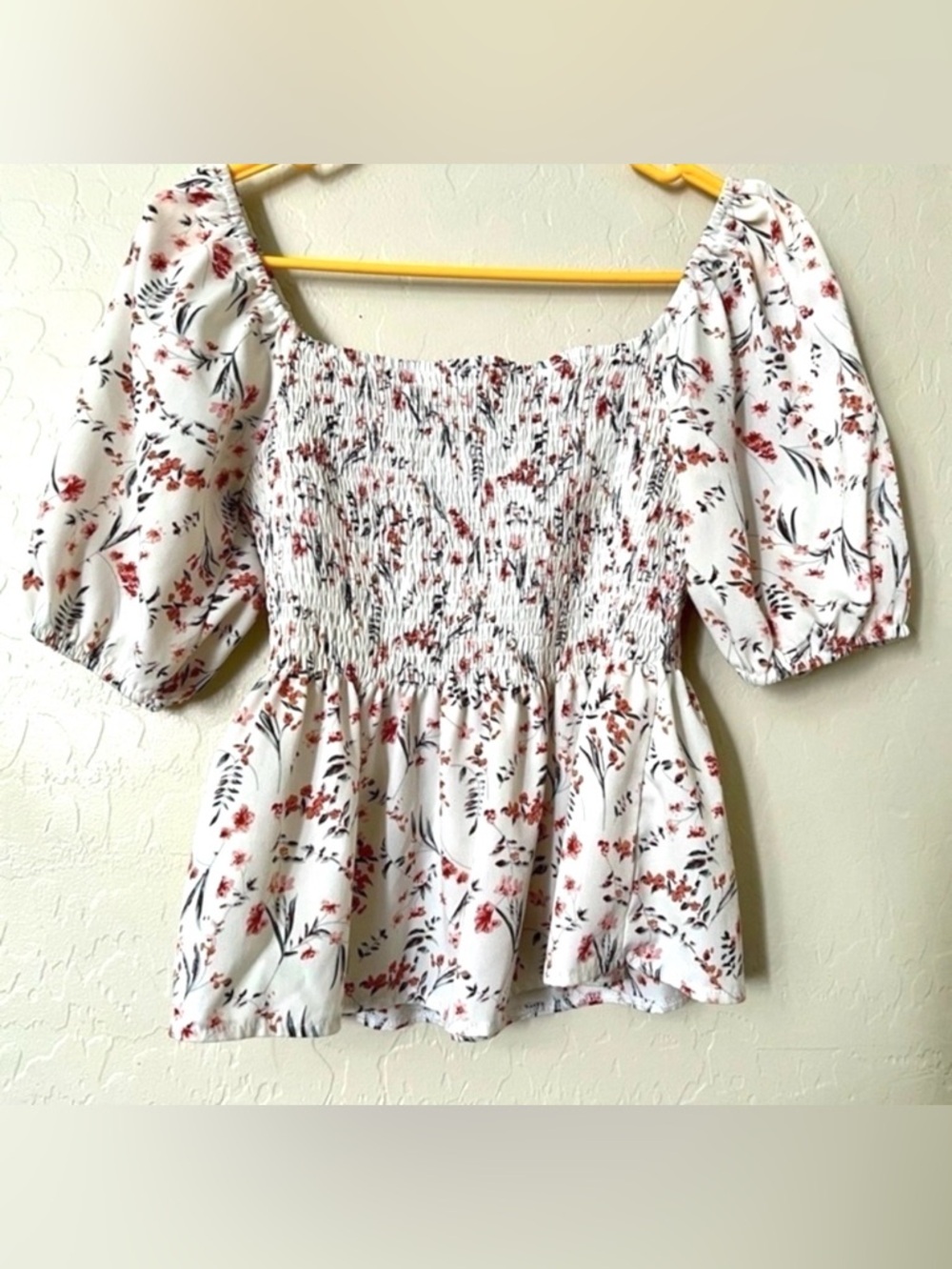 LONESS Boho Smocked Puff Sleeve Peplum Top- Size S